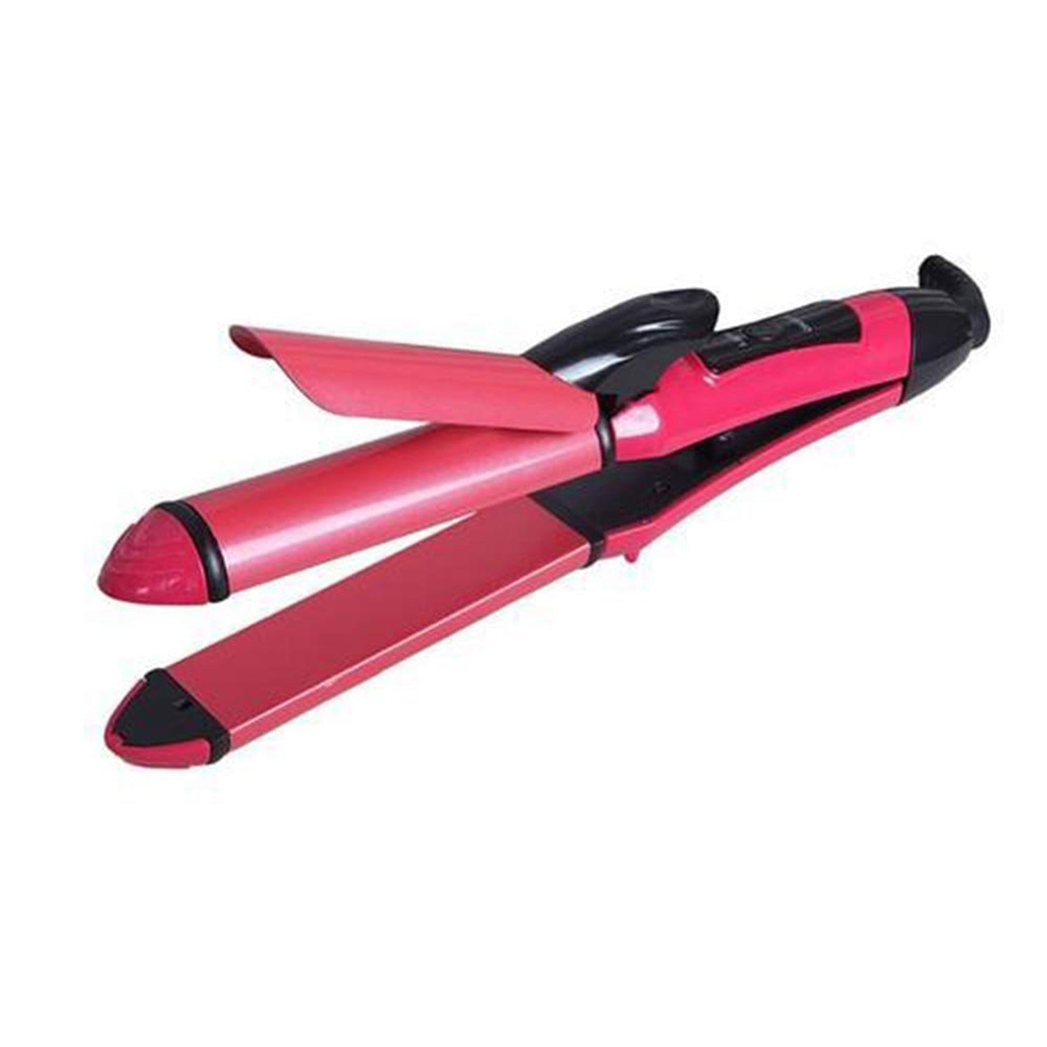 Hair iron with straightening and curling functions. Hair iron with straightening and curling functions.